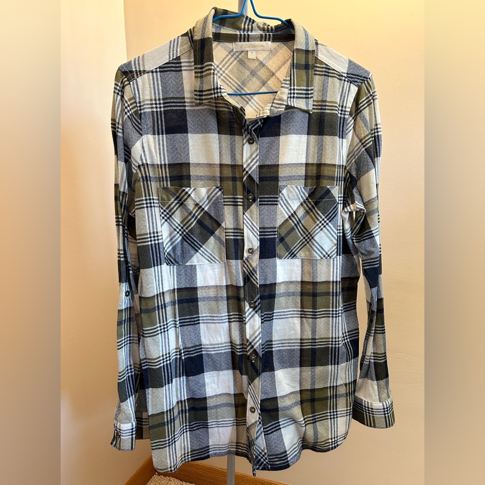 G Collection Flannel Long Sleeve Blue White Plaid Button Down Shirt